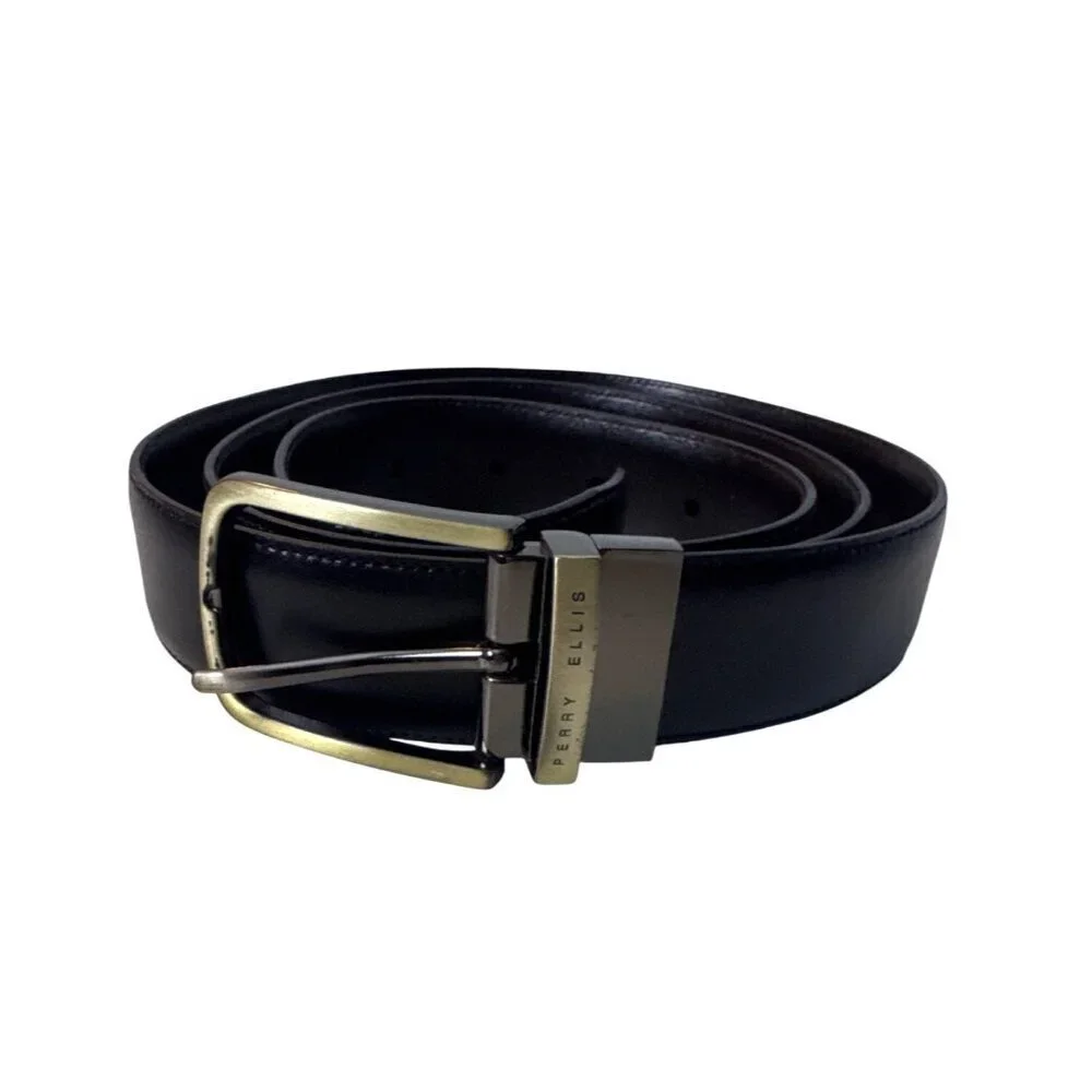 Perry Ellis Mens Black Leather Belt With Gold Buckle Waist Size 46/100 Classic D